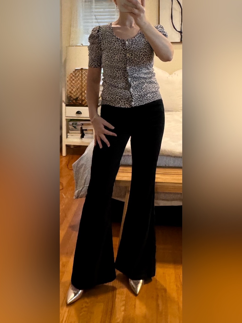 Chic Leopard Knit Cardigan Lightweight, Romantic Sleeves Size M